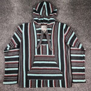 Senor Lopez Baja Hoodie Mens Medium Black Teal Pink Striped Mexican Pullover
